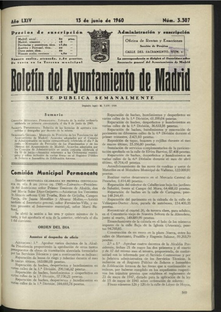 Miniatura de Boletín oficial del Ayuntamiento del 13 de junio de 1960, nº 3307