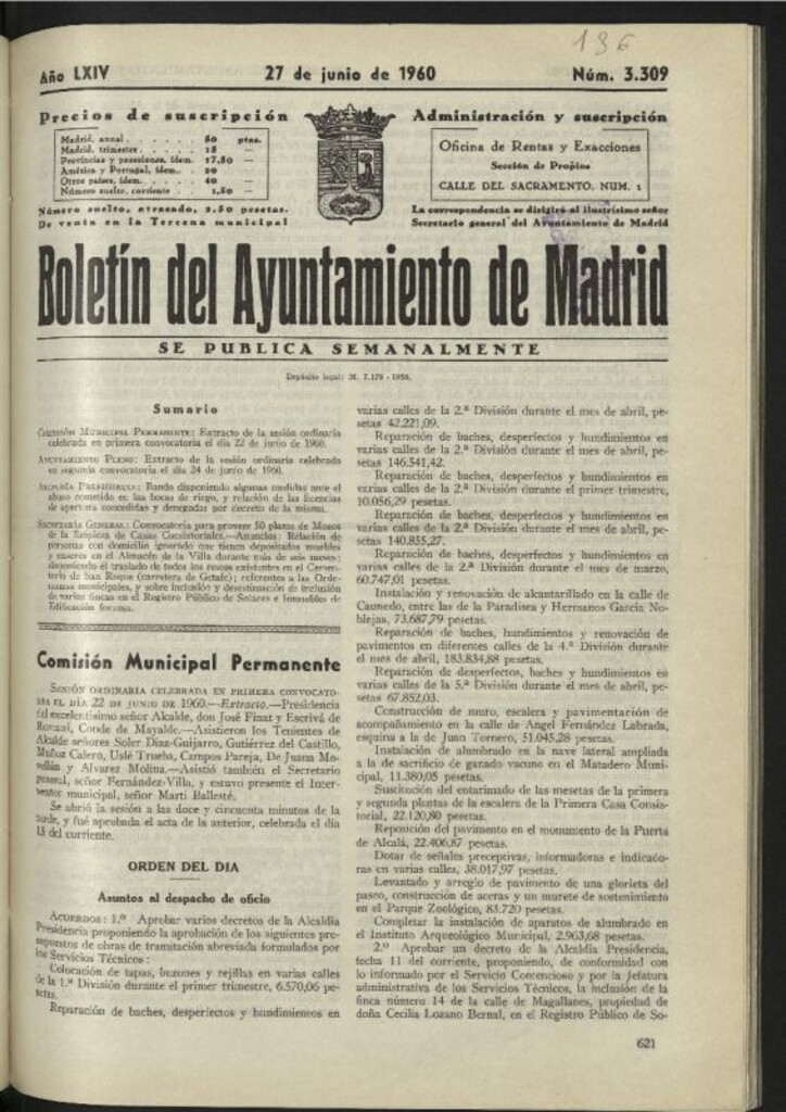 Miniatura de Boletín oficial del Ayuntamiento del 27 de junio de 1960, nº 3309