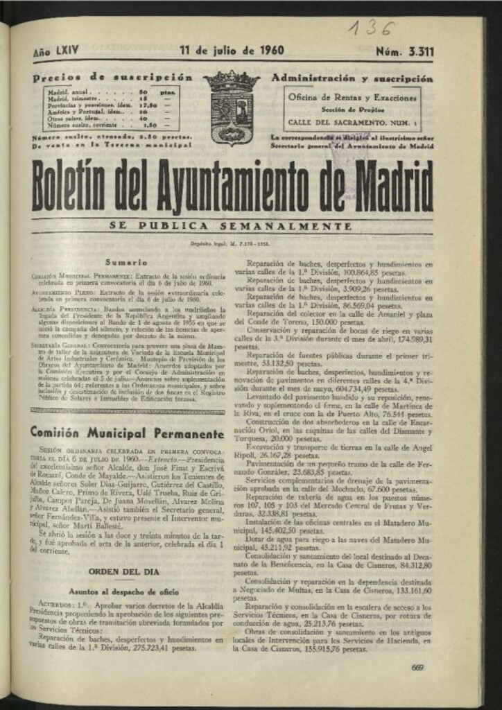 Miniatura de Boletín oficial del Ayuntamiento del 11 de julio de 1960, nº 3311