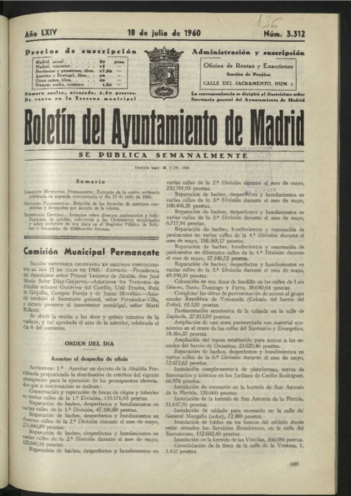 Miniatura de Boletín oficial del Ayuntamiento del 18 de julio de 1960, nº 3312