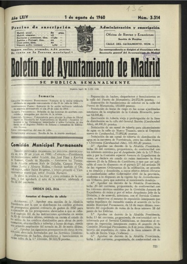 Miniatura de Boletín oficial del Ayuntamiento del 1 de agosto de 1960, nº 3314