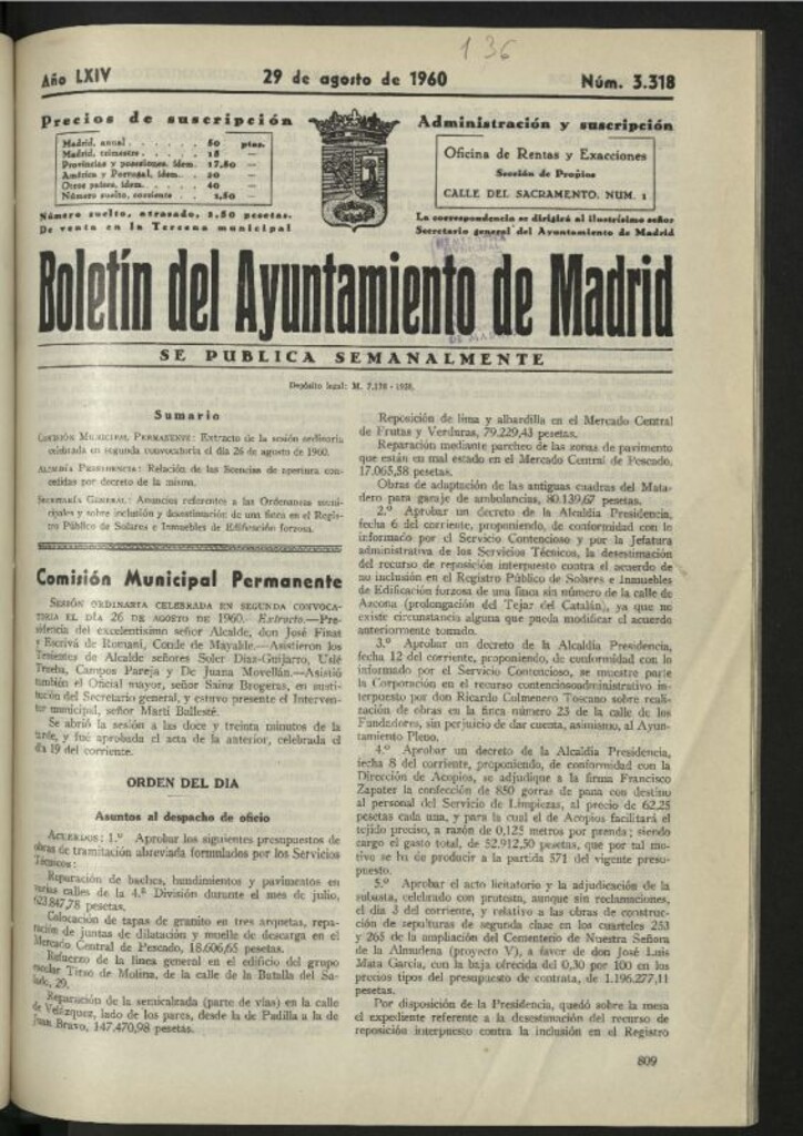 Miniatura de Boletín oficial del Ayuntamiento del 29 de agosto de 1960, nº 3318