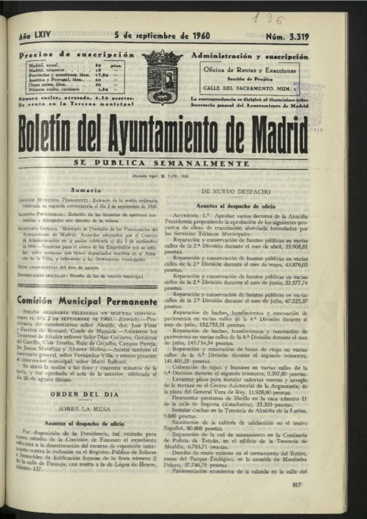 Miniatura de Boletín oficial del Ayuntamiento del 5 de septiembre de 1960, nº 3319