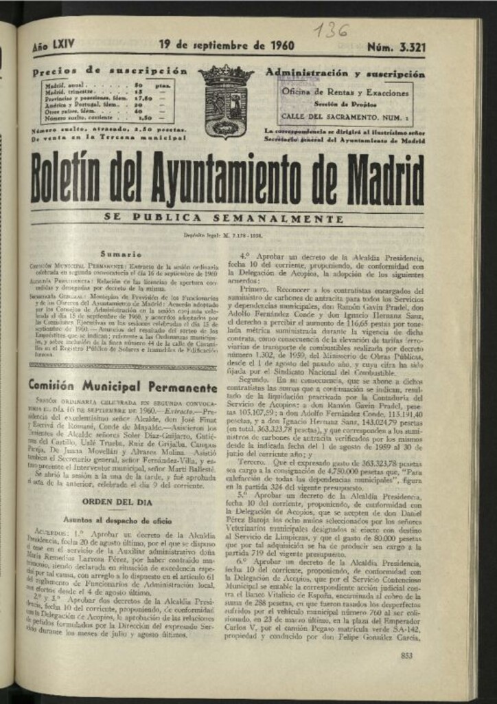 Miniatura de Boletín oficial del Ayuntamiento del 19 de septiembre de 1960, nº 3321