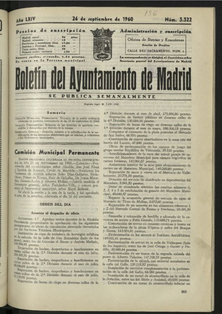 Miniatura de Boletín oficial del Ayuntamiento del 26 de septiembre de 1960, nº 3322