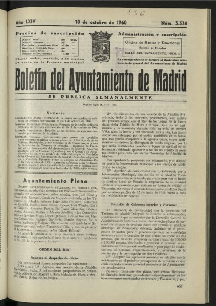 Miniatura de Boletín oficial del Ayuntamiento del 10 de octubre de 1960, nº 3324
