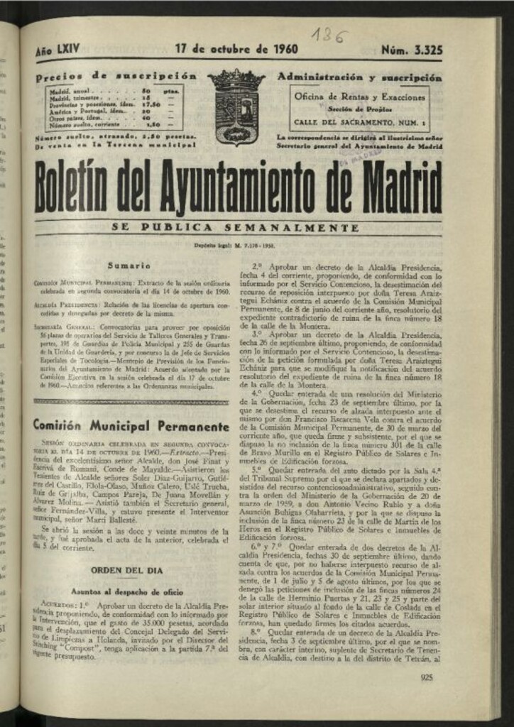 Miniatura de Boletín oficial del Ayuntamiento del 17 de octubre de 1960, nº 3325