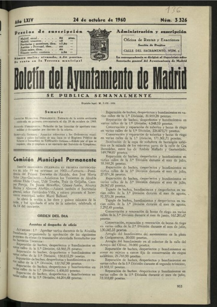 Miniatura de Boletín oficial del Ayuntamiento del 24 de octubre de 1960, nº 3326