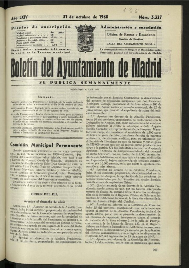 Miniatura de Boletín oficial del Ayuntamiento del 31 de octubre de 1960, nº 3327