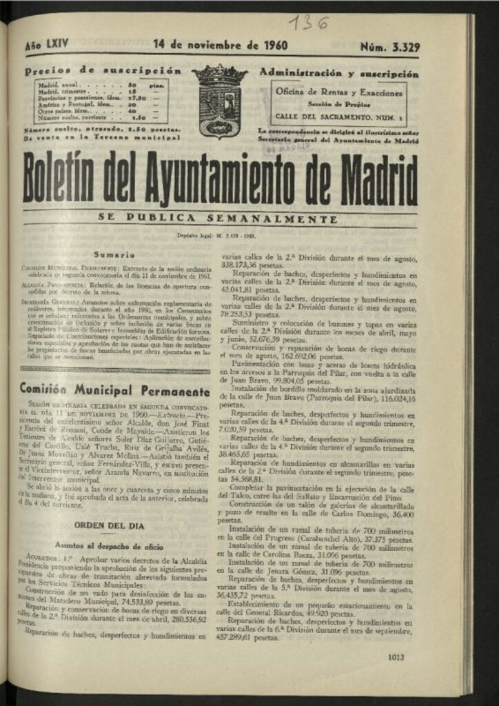 Miniatura de Boletín oficial del Ayuntamiento del 14 de noviembre de 1960, nº 3329
