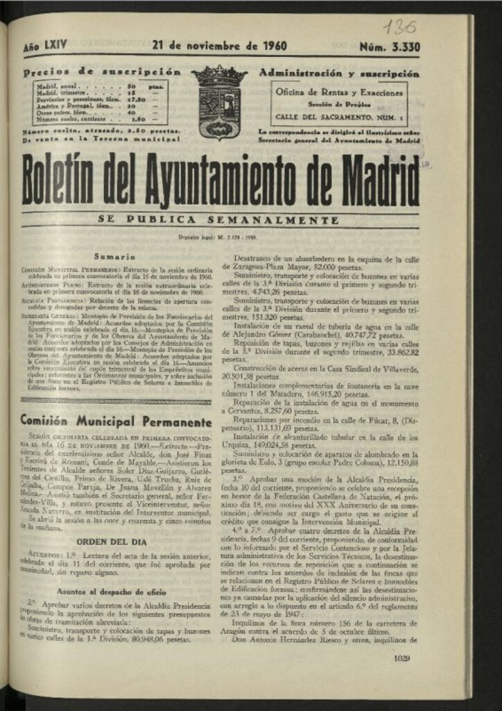 Miniatura de Boletín oficial del Ayuntamiento del 21 de noviembre de 1960, nº 3330