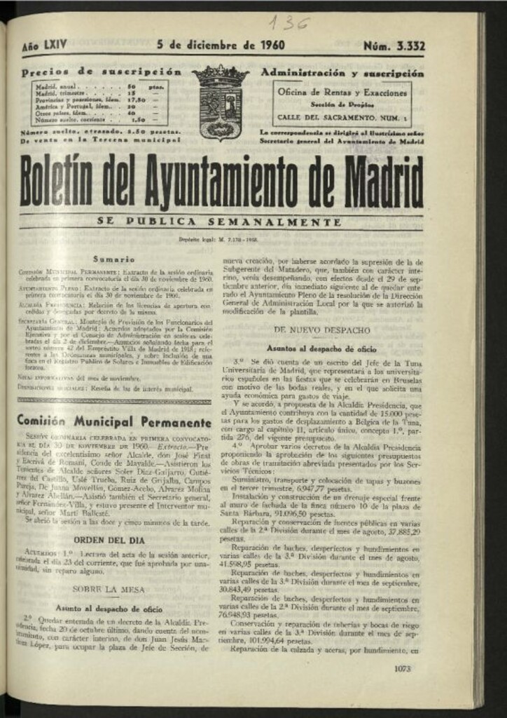 Miniatura de Boletín oficial del Ayuntamiento del 5 de diciembre de 1960, nº 3332