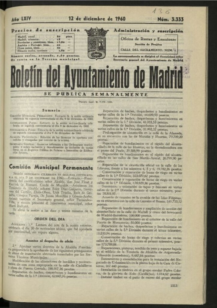 Miniatura de Boletín oficial del Ayuntamiento del 12 de diciembre de 1960, nº 3333