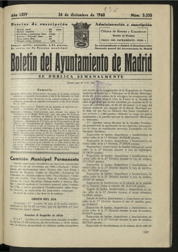 Miniatura de Boletín oficial del Ayuntamiento del 26 de diciembre de 1960, nº 3335