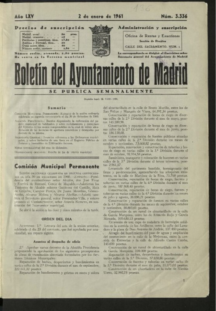 Miniatura de Boletín oficial del Ayuntamiento del 2 de enero de 1961, nº 3336