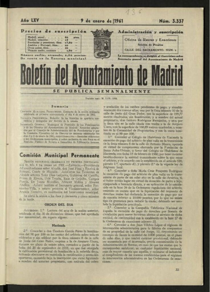 Miniatura de Boletín oficial del Ayuntamiento del 9 de enero de 1961, nº 3337