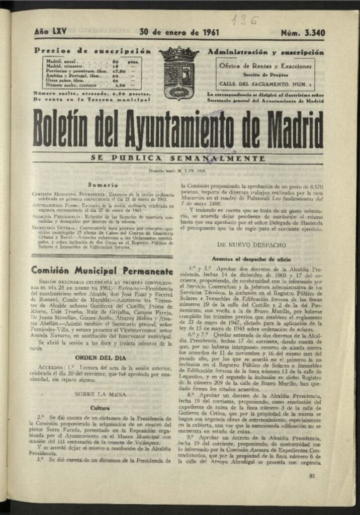 Miniatura de Boletín oficial del Ayuntamiento del 30 de enero de 1961, nº 3340