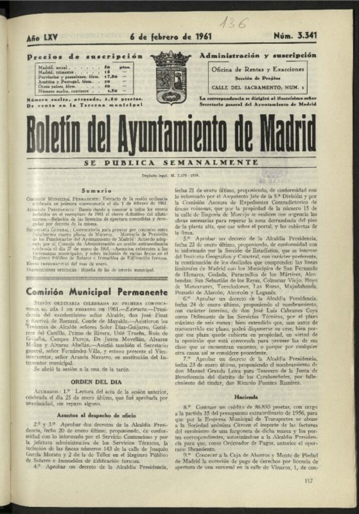 Miniatura de Boletín oficial del Ayuntamiento del 6 de febrero de 1961, nº 3341