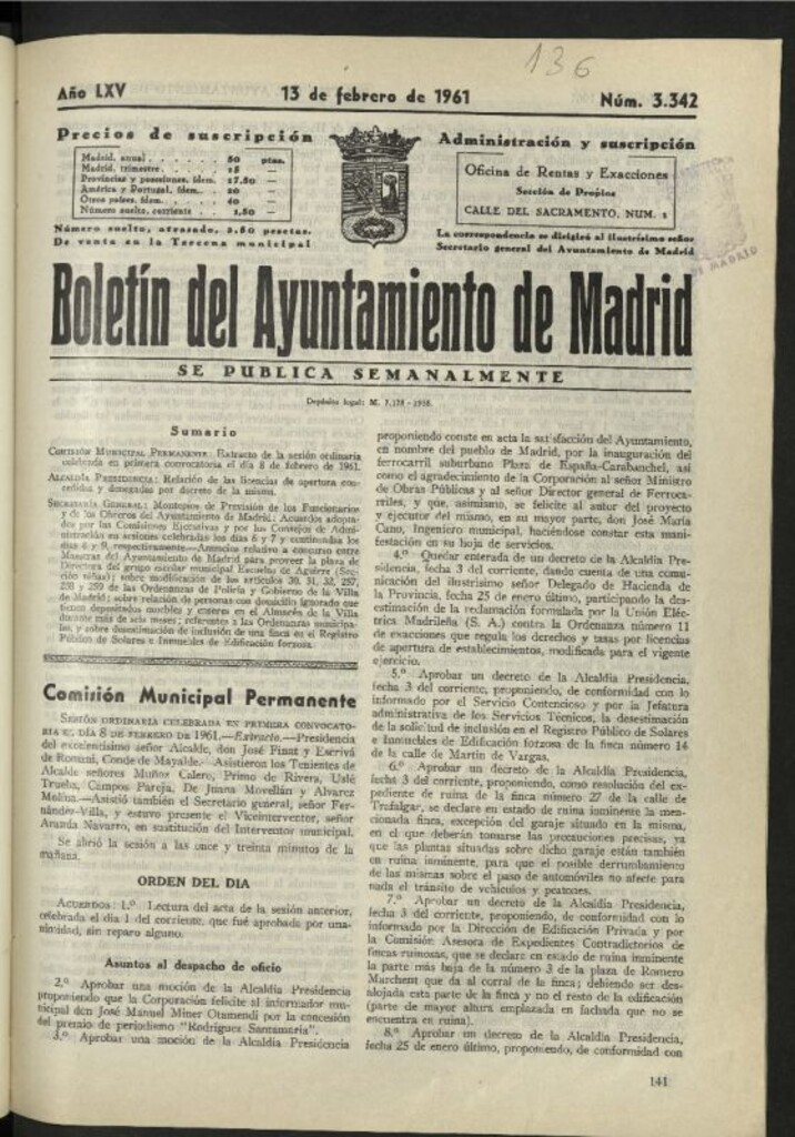 Miniatura de Boletín oficial del Ayuntamiento del 13 de febrero de 1961, nº 3342