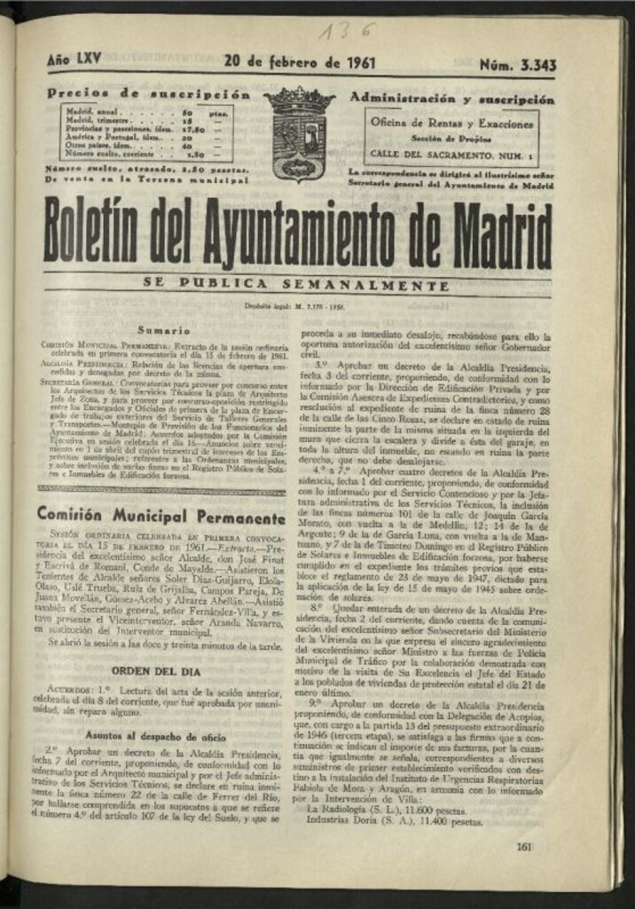 Miniatura de Boletín oficial del Ayuntamiento del 20 de febrero de 1961, nº 3343