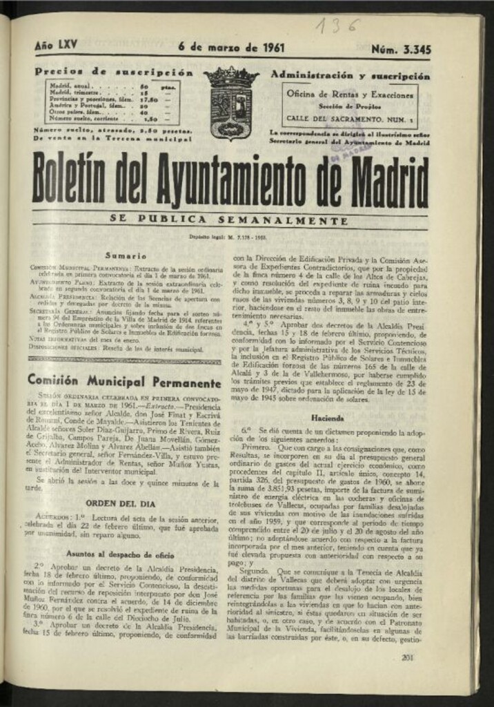 Miniatura de Boletín oficial del Ayuntamiento del 6 de marzo de 1961, nº 3345
