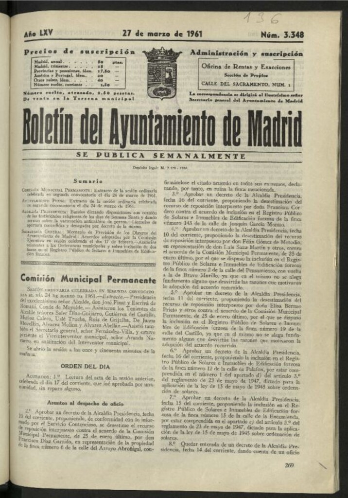 Miniatura de Boletín oficial del Ayuntamiento del 27 de marzo de 1961, nº 3348