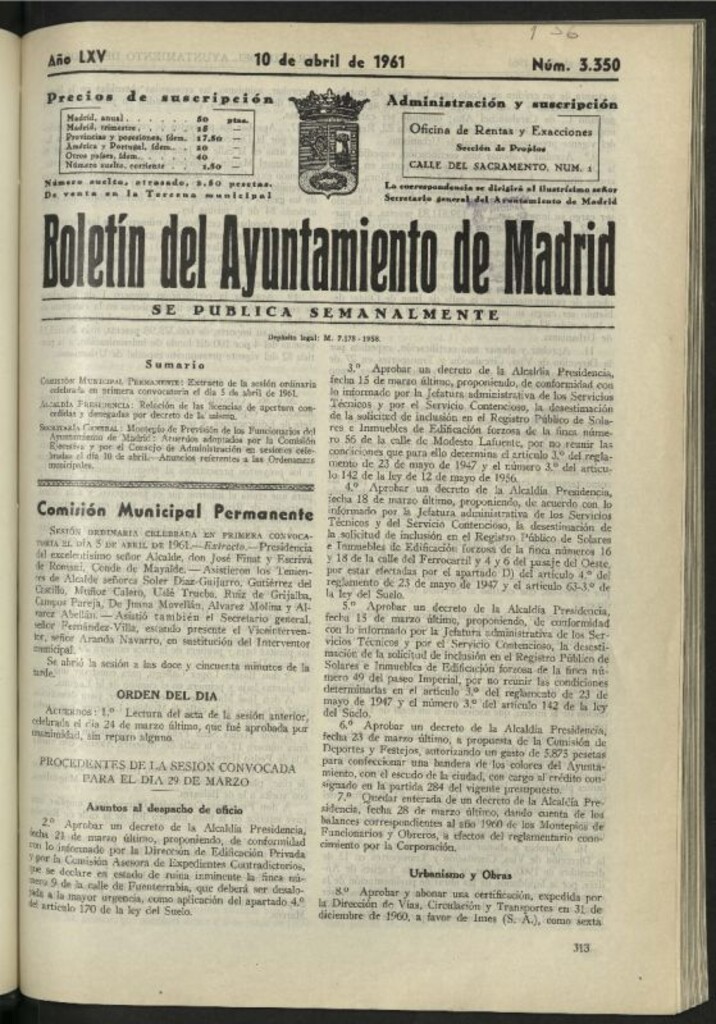 Miniatura de Boletín oficial del Ayuntamiento del 10 de abril de 1961, nº 3350