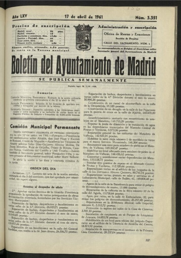 Miniatura de Boletín oficial del Ayuntamiento del 17 de abril de 1961, nº 3351