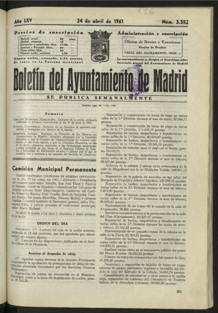 Miniatura de Boletín oficial del Ayuntamiento del 24 de abril de 1961, nº 3352