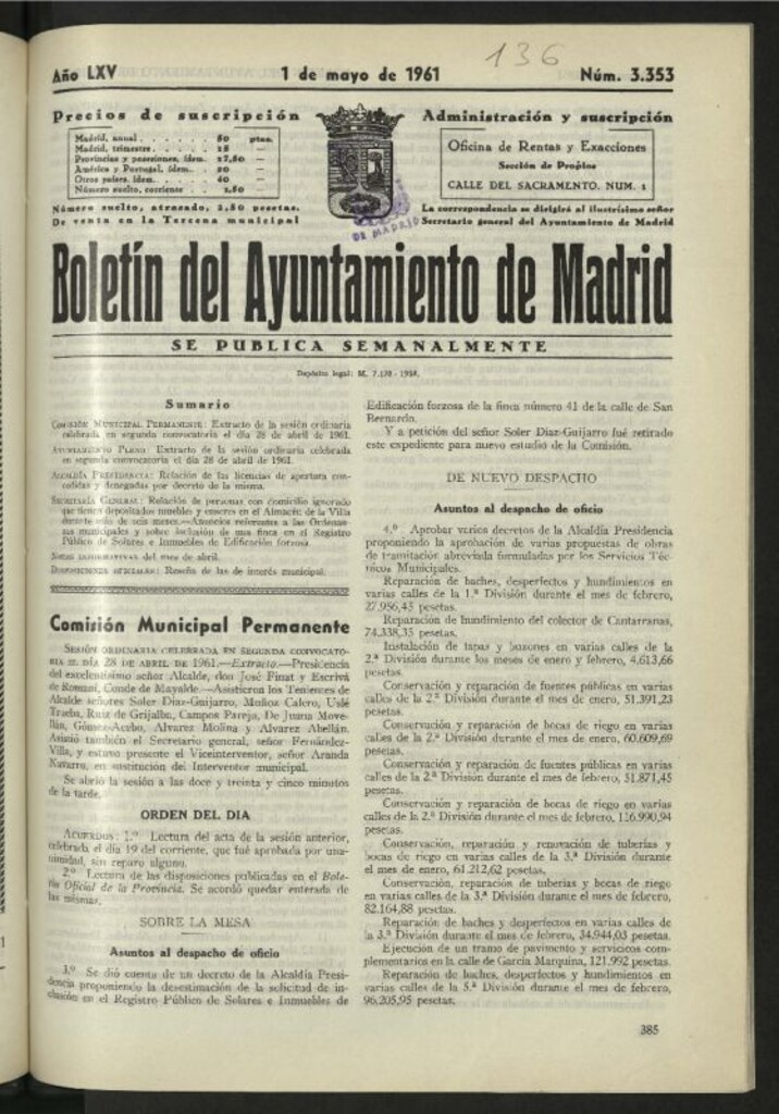 Miniatura de Boletín oficial del Ayuntamiento del 1 de mayo de 1961, nº 3353