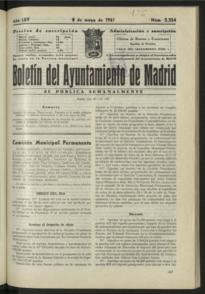 Miniatura de Boletín oficial del Ayuntamiento del 8 de mayo de 1961, nº 3354