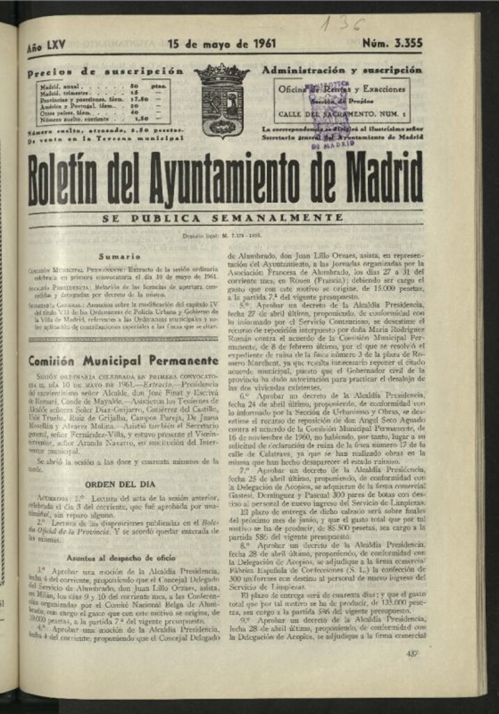 Miniatura de Boletín oficial del Ayuntamiento del 15 de mayo de 1961, nº 3355