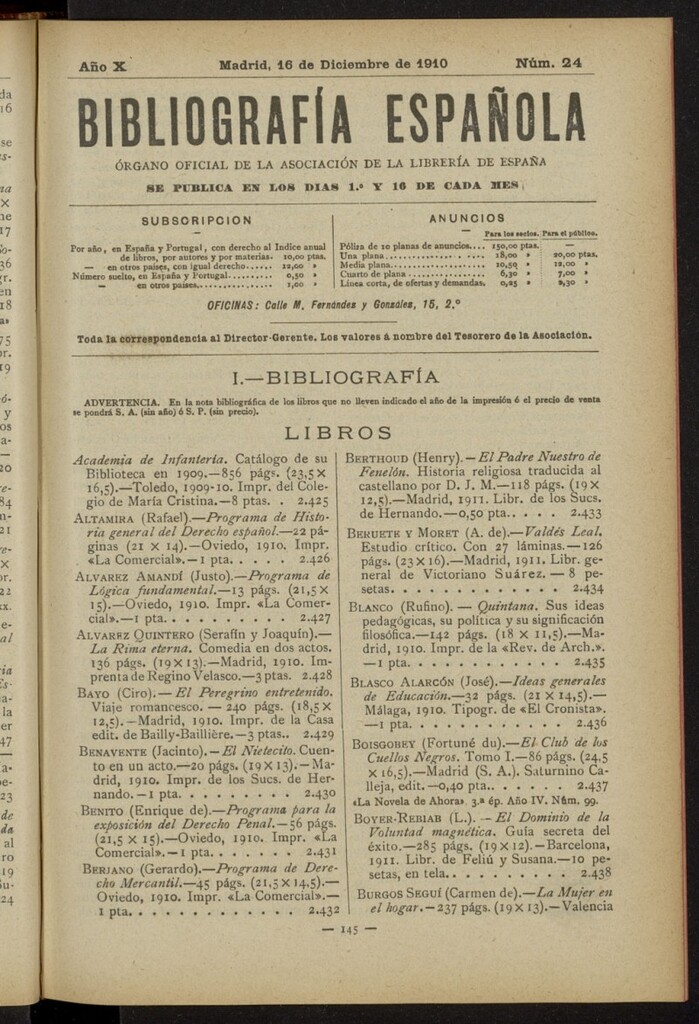 Miniatura de Bibliografía Española del 16 de diciembre de 1910