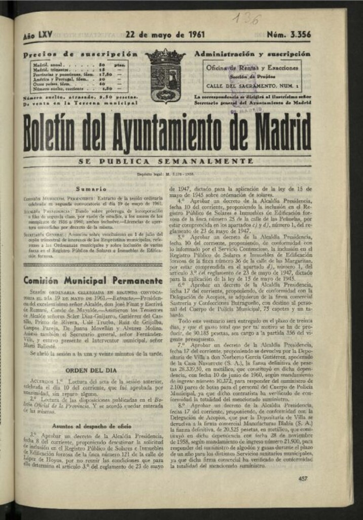 Miniatura de Boletín oficial del Ayuntamiento del 22 de mayo de 1961, nº 3356