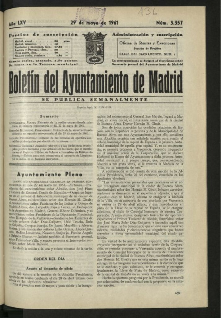 Miniatura de Boletín oficial del Ayuntamiento del 29 de mayo de 1961, nº 3357