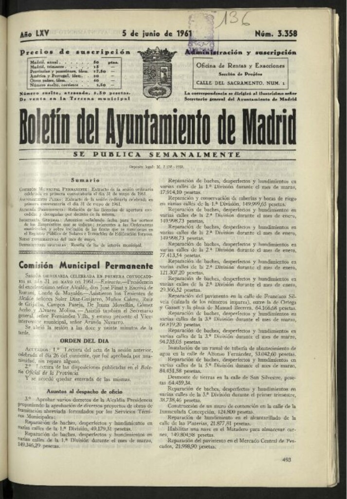 Miniatura de Boletín oficial del Ayuntamiento del 5 de junio de 1961, nº 3358