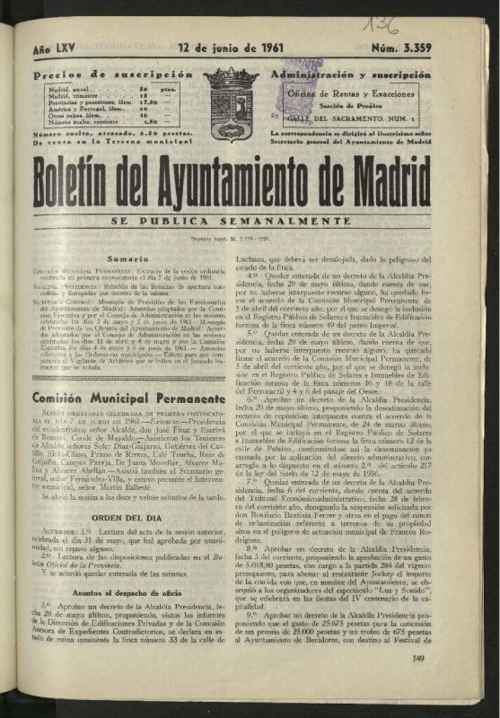 Miniatura de Boletín oficial del Ayuntamiento del 12 de junio de 1961, nº 3359