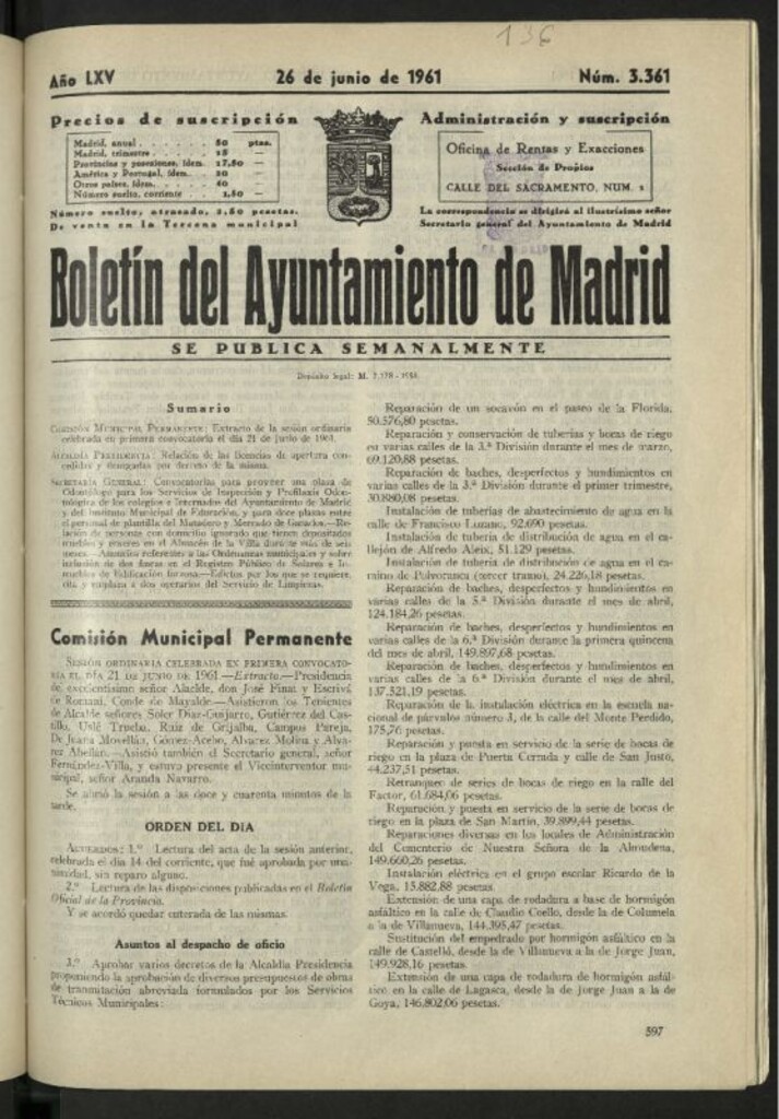 Miniatura de Boletín oficial del Ayuntamiento del 26 de junio de 1961, nº 3361