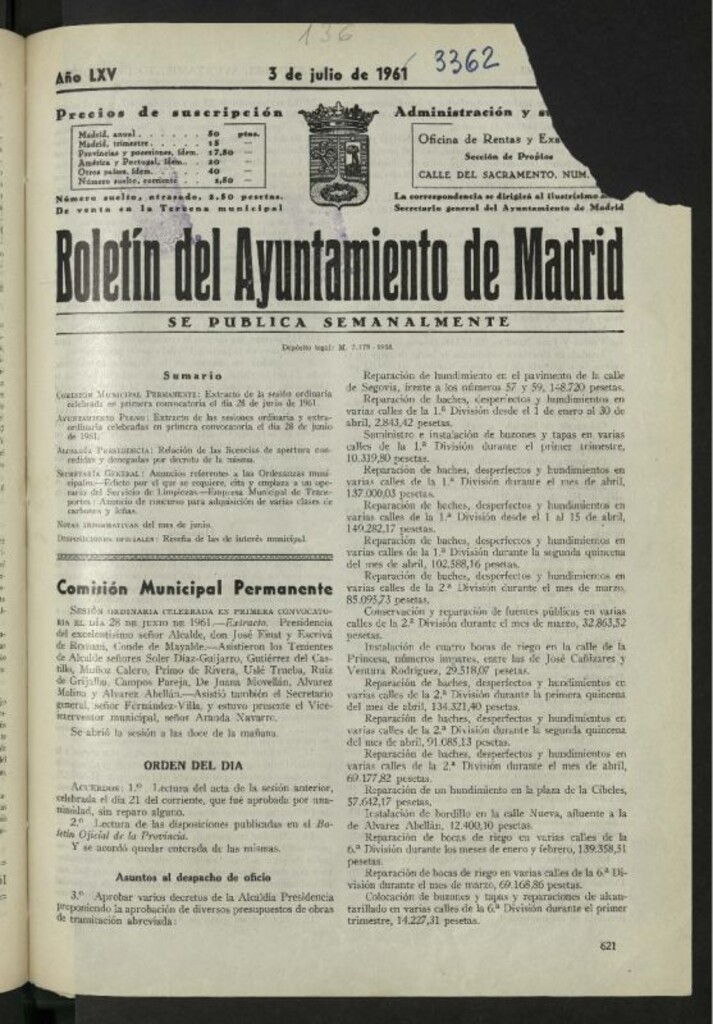 Miniatura de Boletín oficial del Ayuntamiento del 3 de julio de 1961, nº 3362
