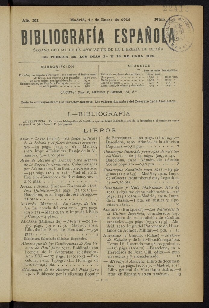 Miniatura de Bibliografía Española del 1 de enero de 1911