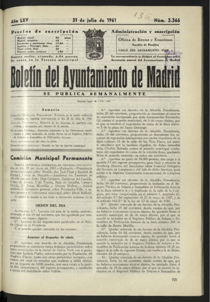 Miniatura de Boletín oficial del Ayuntamiento del 31 de julio de 1961, nº 3366