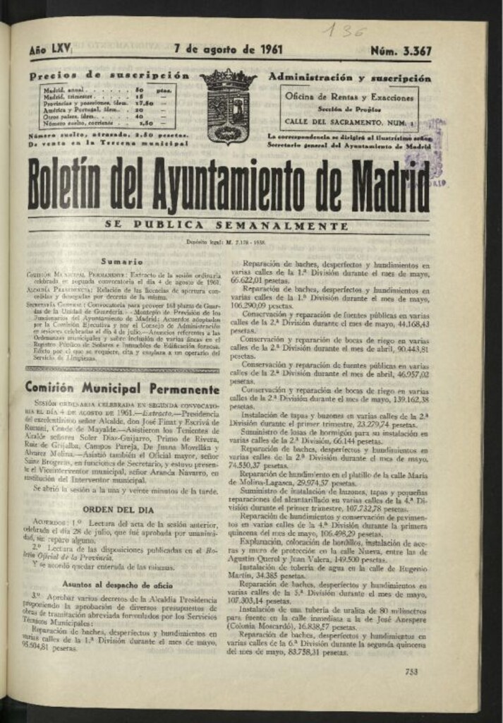 Miniatura de Boletín oficial del Ayuntamiento del 7 de agosto de 1961, nº 3367