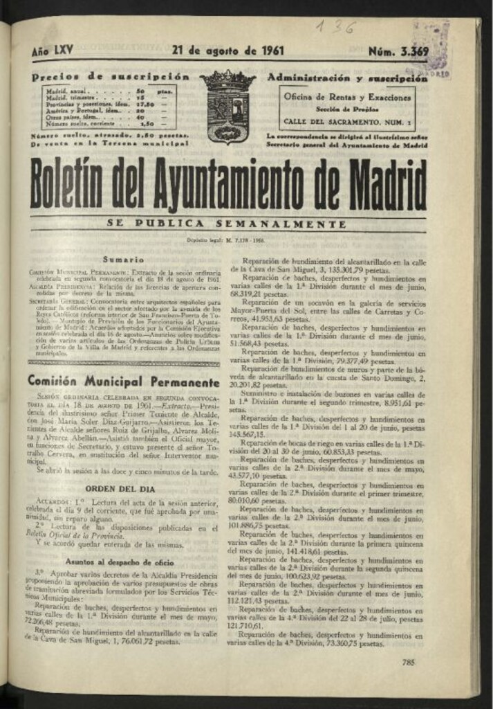 Miniatura de Boletín oficial del Ayuntamiento del 21 de agosto de 1961, nº 3369