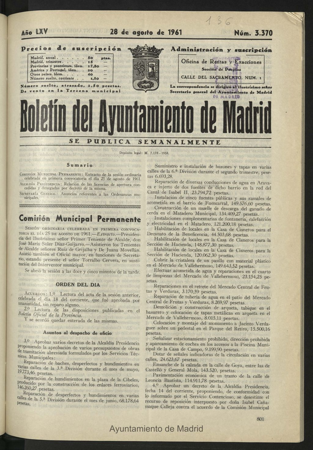 Miniatura de Boletín oficial del Ayuntamiento del 28 de agosto de 1961, nº 3370