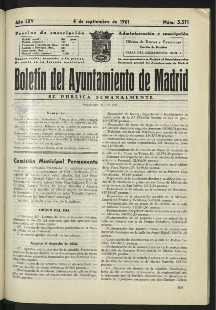 Miniatura de Boletín oficial del Ayuntamiento del 4 de septiembre de 1961, nº 3371