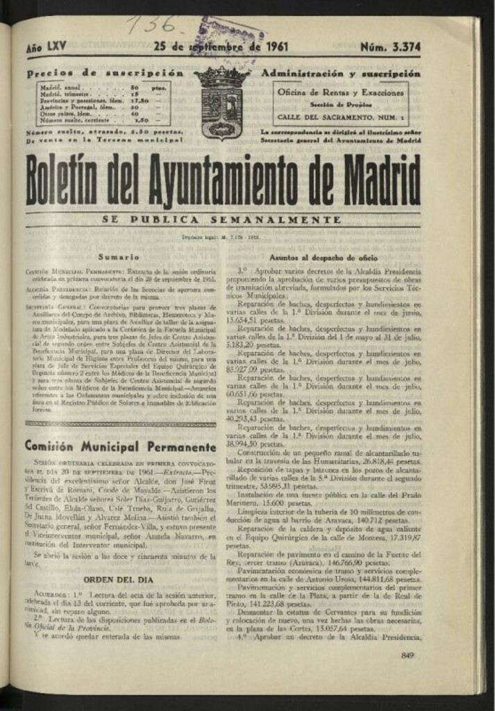 Miniatura de Boletín oficial del Ayuntamiento del 25 de septiembre de 1961, nº 3374