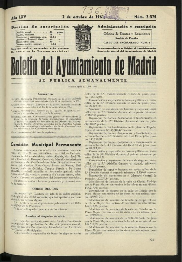 Miniatura de Boletín oficial del Ayuntamiento del 2 de octubre de 1961, nº 3375