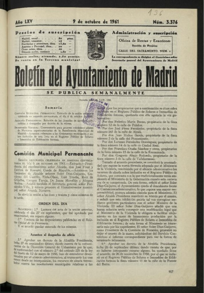 Miniatura de Boletín oficial del Ayuntamiento del 9 de octubre de 1961, nº 3376