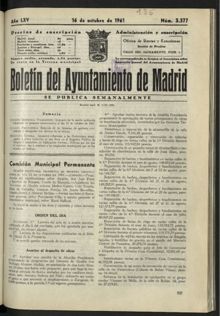 Miniatura de Boletín oficial del Ayuntamiento del 16 de octubre de 1961, nº 3377