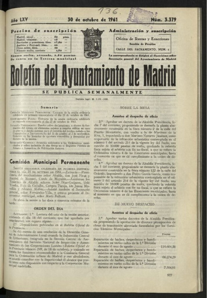 Miniatura de Boletín oficial del Ayuntamiento del 30 de octubre de 1961, nº 3379